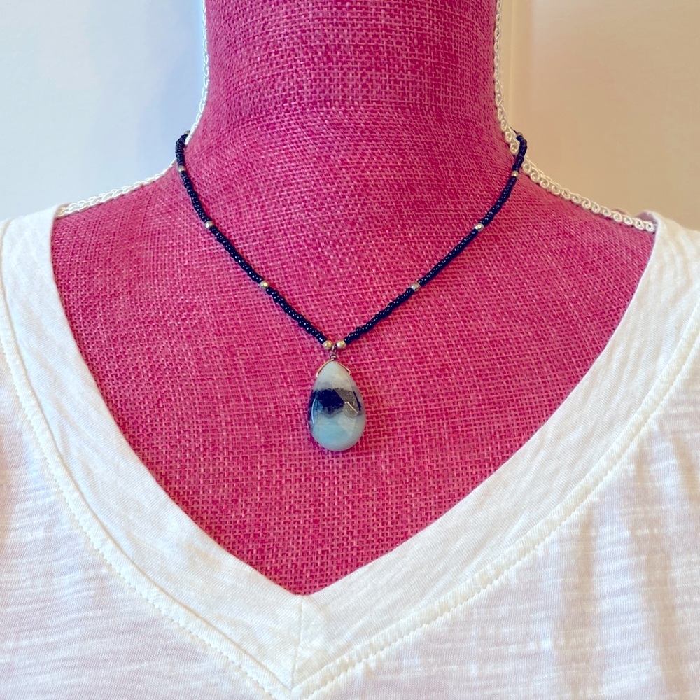 Black Beaded Necklace with Light Blue Stone Pendant